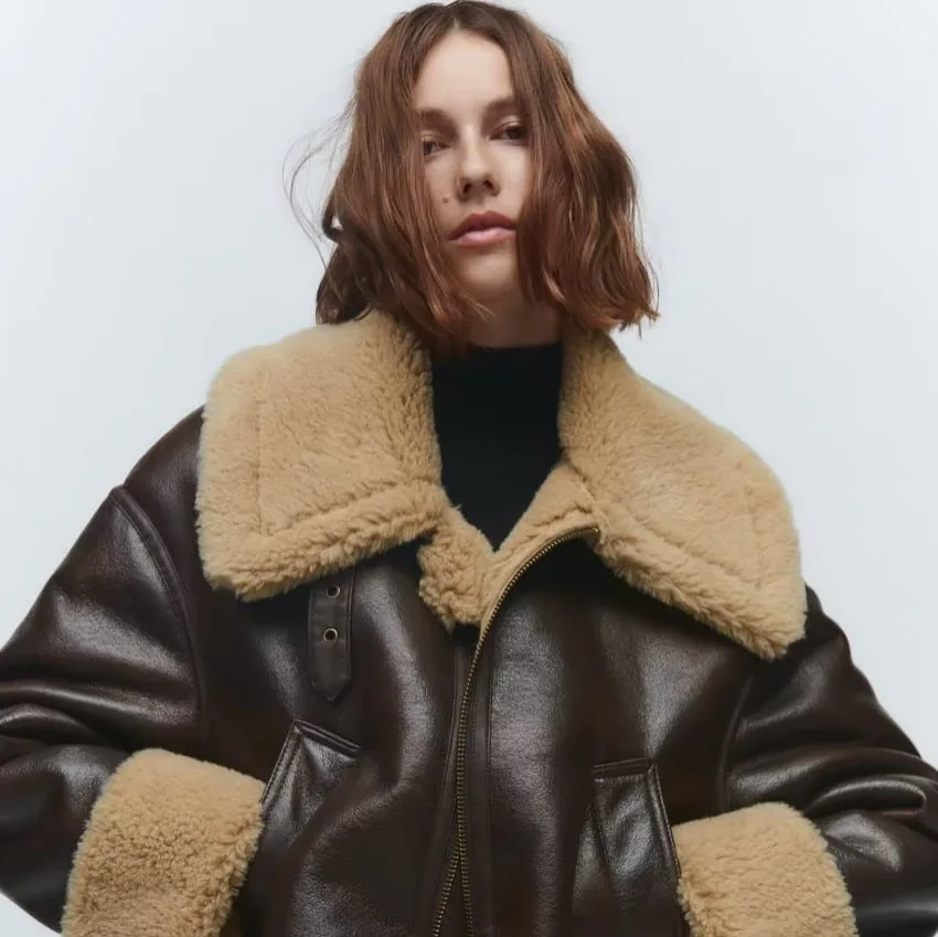 Новая женская толстая теплая куртка из искусственной кожи с мехом - Фотография_6