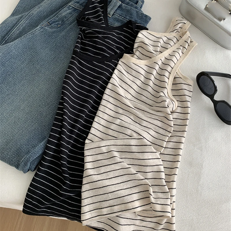 Женский летний тонкий полосатый u-образный вырез с широким плечевым ремнем - Фотография_3