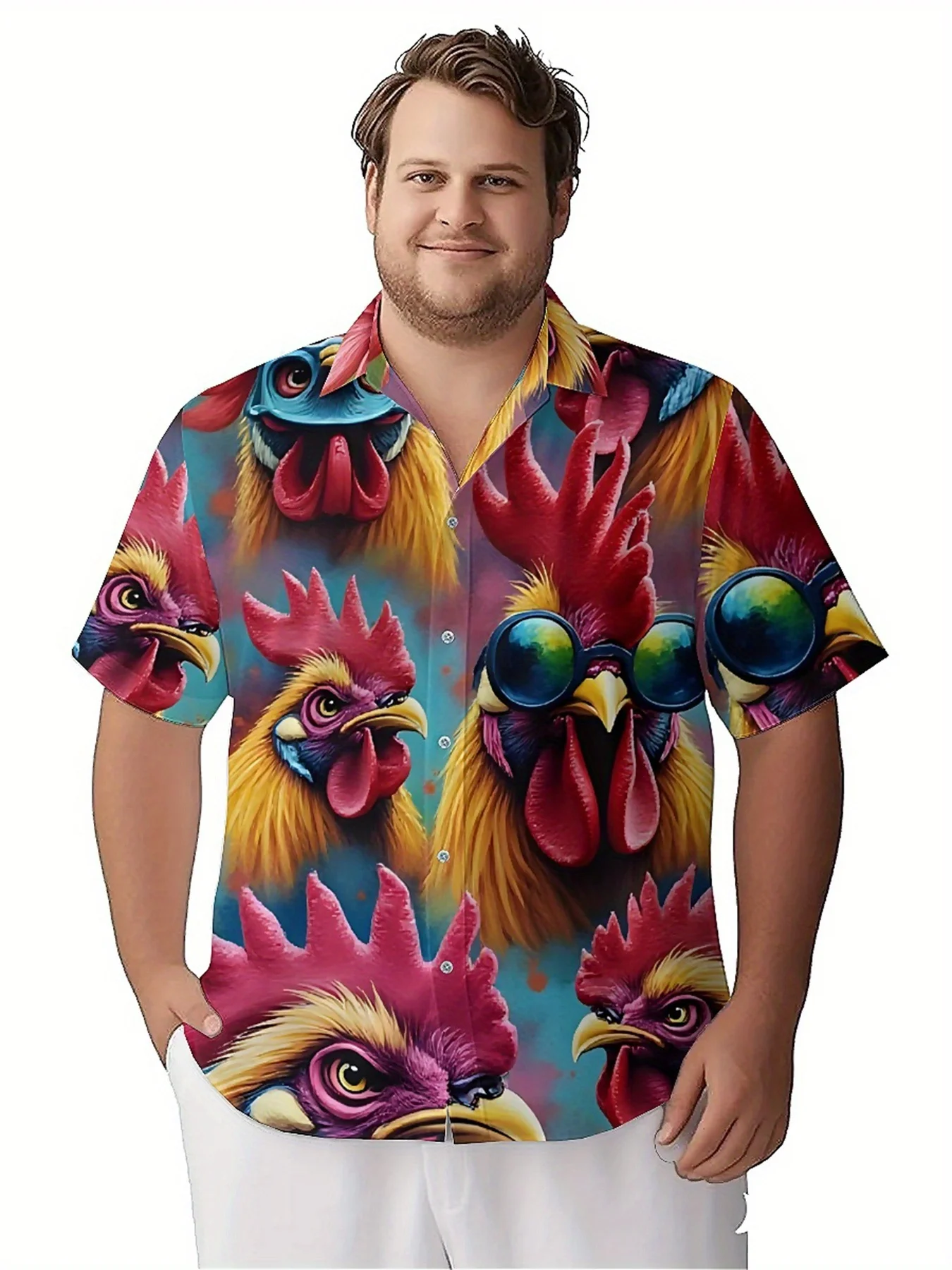 Мужские гавайские рубашки больших размеров с общественным куриным узором - Фотография_3