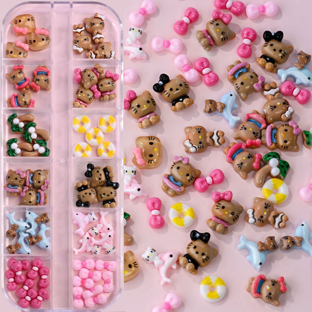 12 сеток, летние черные кожаные подвески для ногтей «hello kitty»