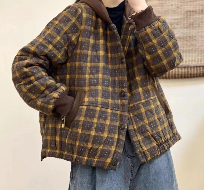 Ретро клетчатая хлопковая куртка с капюшоном для женщин - Фотография_3