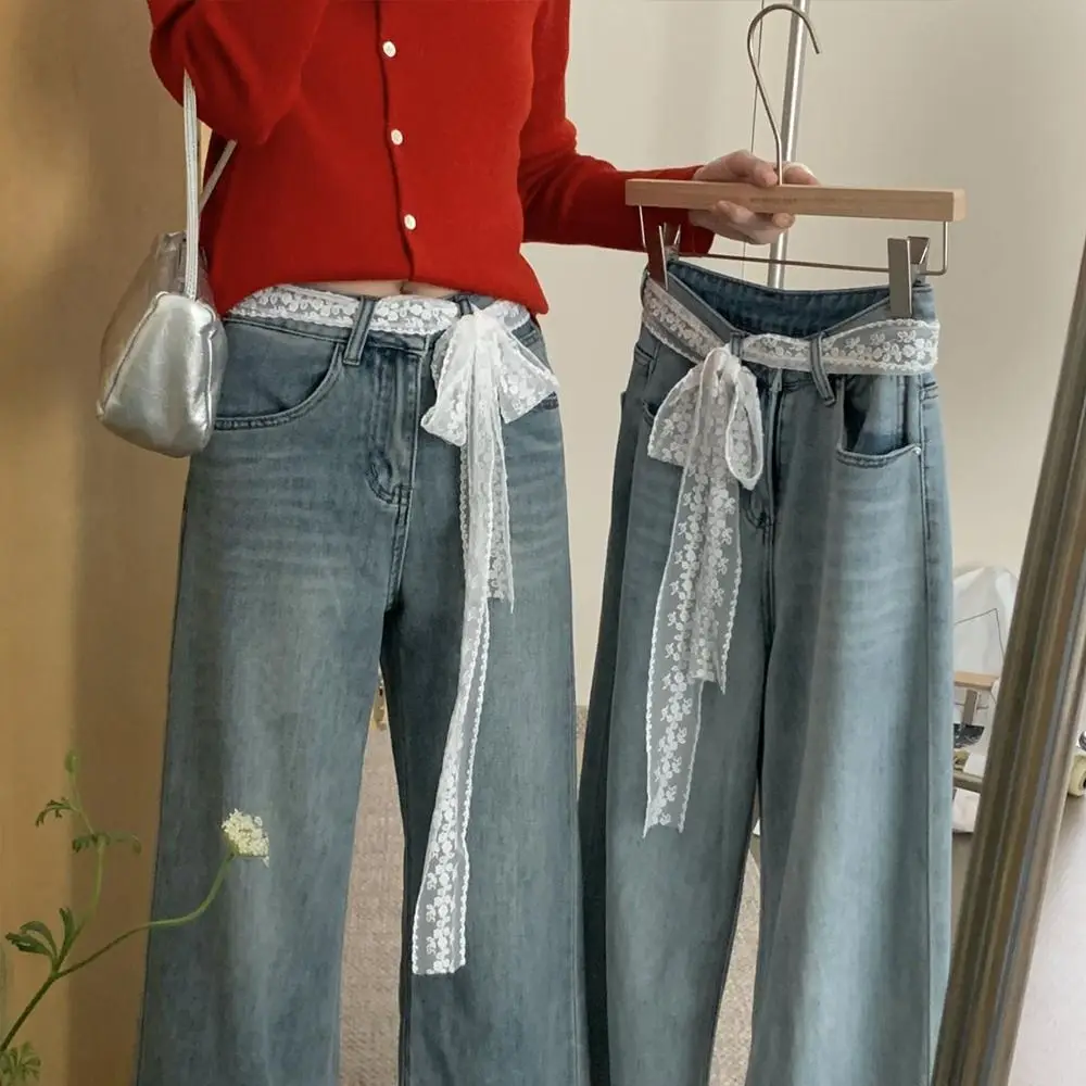 Модный длинный кружевной пояс y2k с бантом и цветочным кружевом