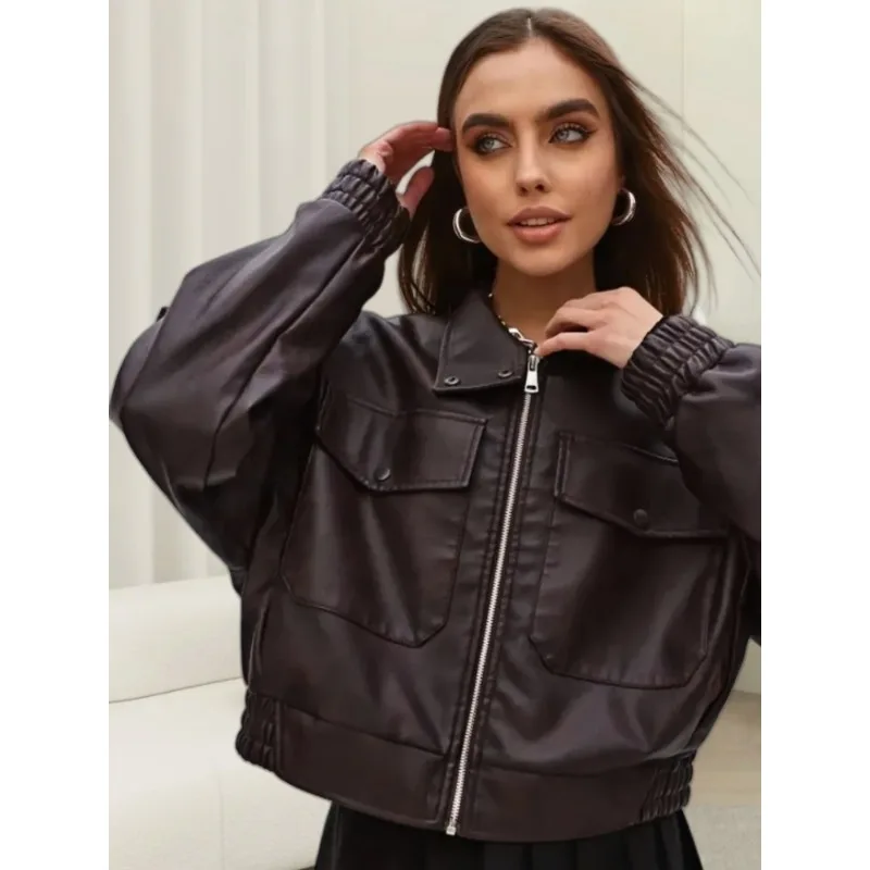 Женское осенне-весеннее верхнее пальто из искусственной кожи - Фотография_5