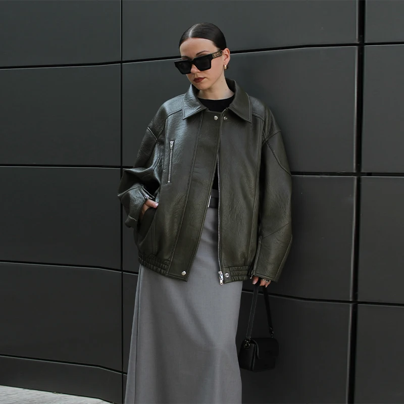 Винтажная зеленая короткая куртка из искусственной кожи - Фотография_5