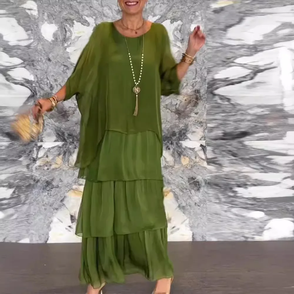 Модное однотонное длинное платье с круглым вырезом - Фотография_4