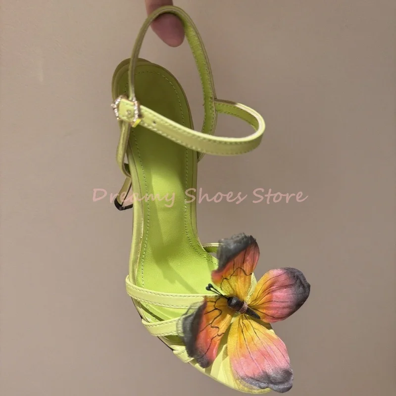 Зеленые, синие босоножки на шпильке с декором бабочки и кристаллами - Фотография_2