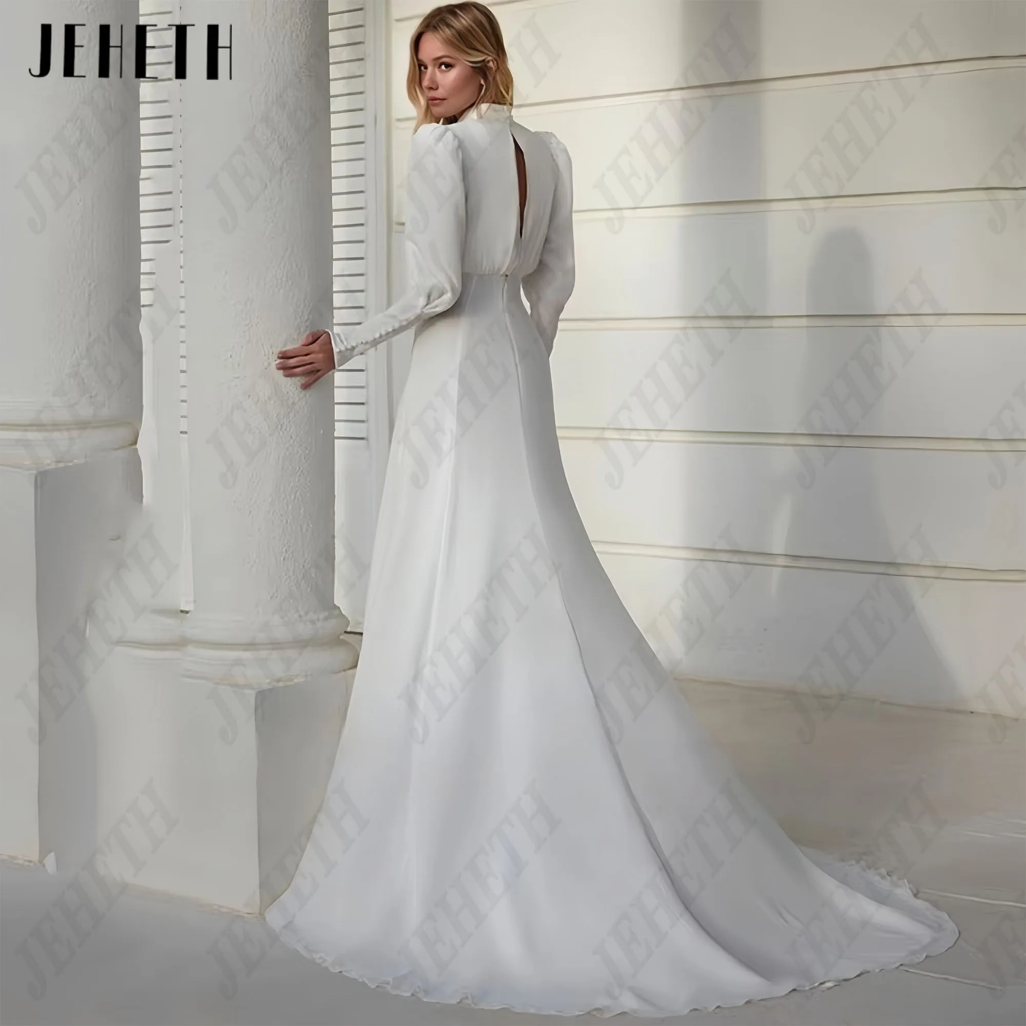 Jeheth белые шифоновые свадебные платья с высоким воротом - Фотография_2