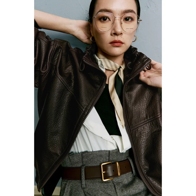 Женская кожаная куртка из овчины с высоким воротником-стойкой - Фотография_2