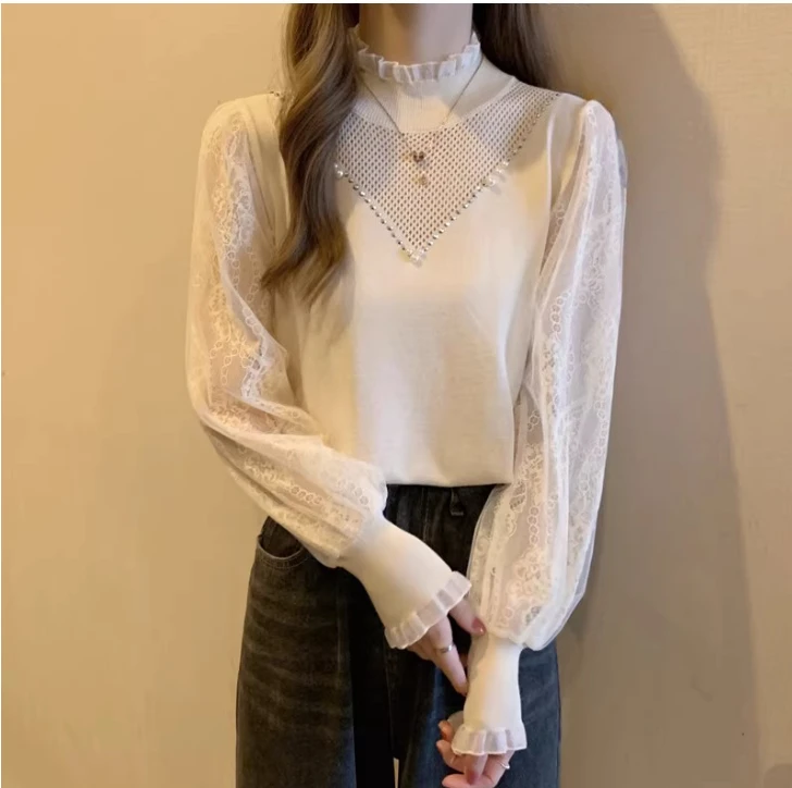 Большой размер, кружевная рубашка с длинным рукавом и полуводолазкой - Фотография_6