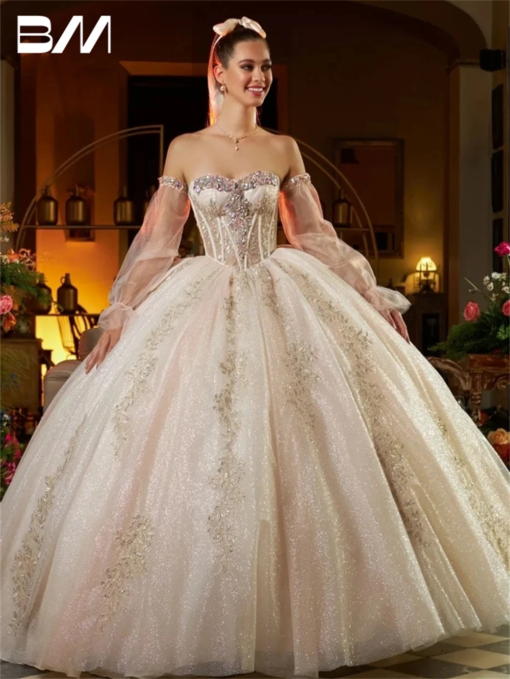 Тюлевое платье quinceanera цвета шампанского с блестками