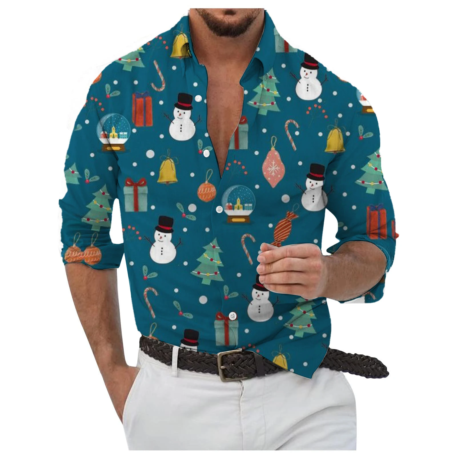 Мужская стильная рубашка с длинным рукавом в рождественском стиле - Фотография_3