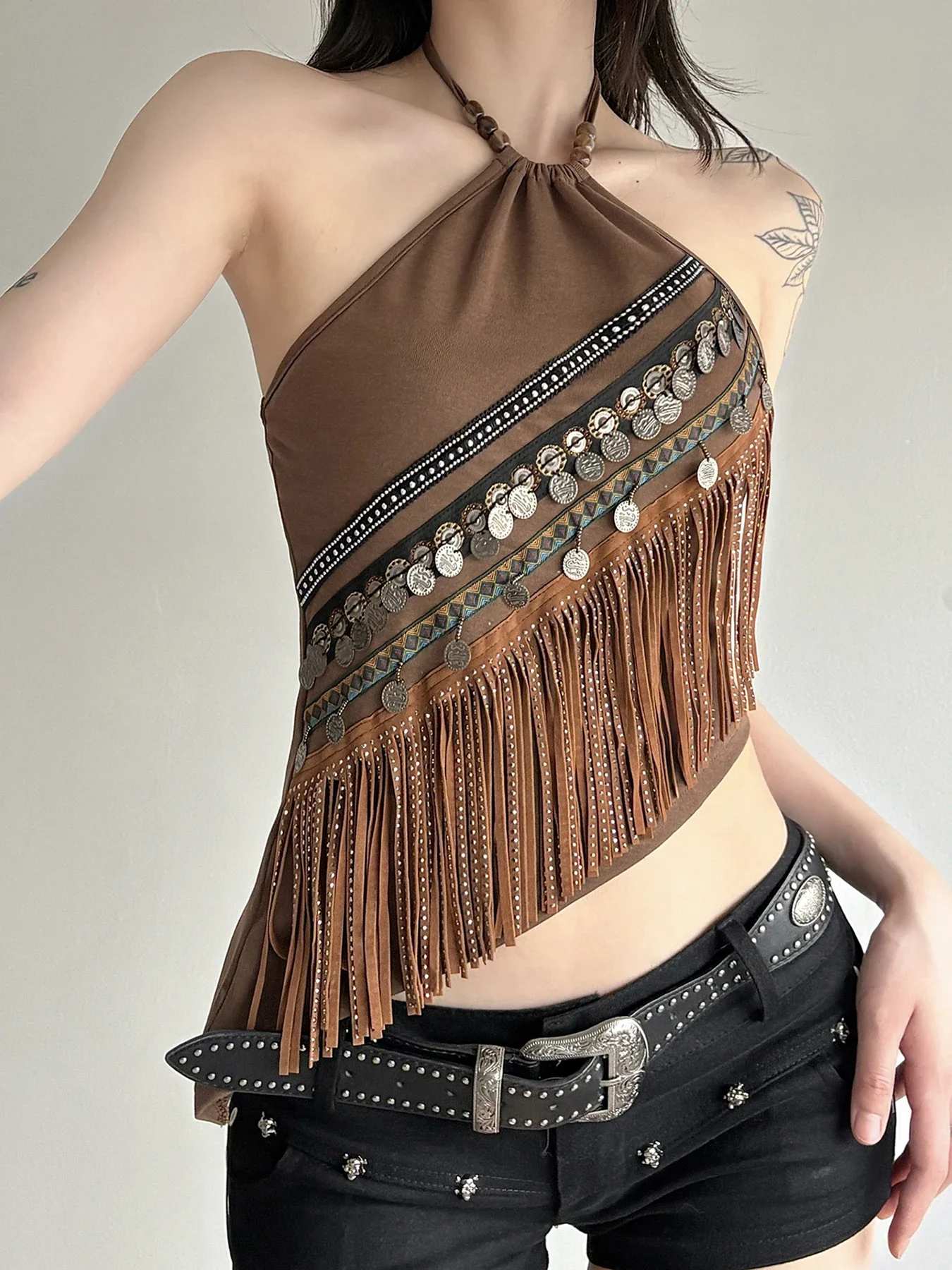 Модные лоскутные женские топы с кисточками и блестками в стиле ретро - Фотография_2