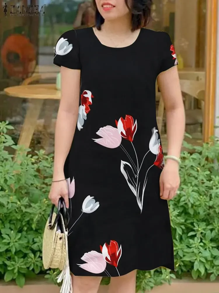 Летнее элегантное платье с цветочным принтом и короткими рукавами - Фотография_3