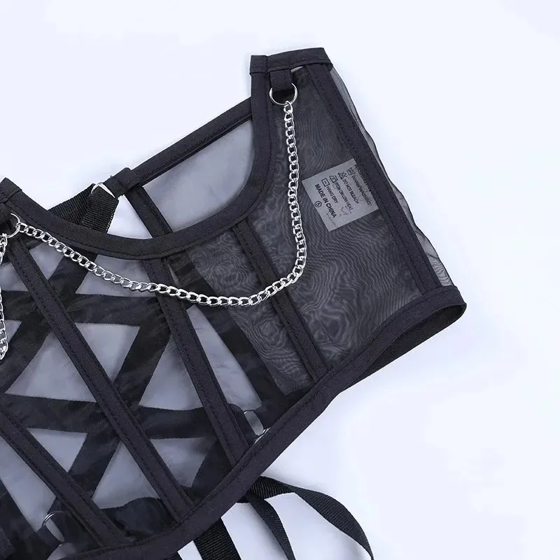 Черный корсет в стиле панк с металлической цепочкой mall goth - Фотография_6