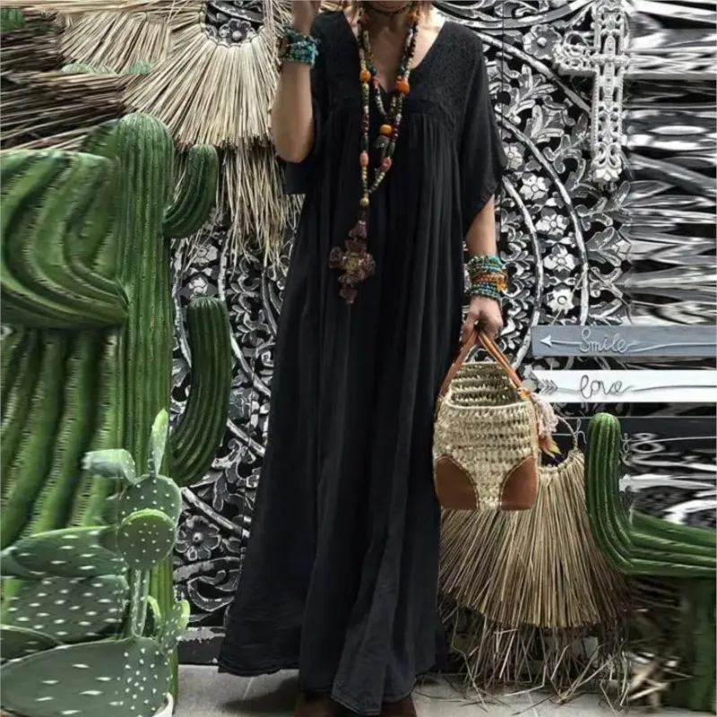 Летнее модное хлопковое длинное платье в стиле бохо для женщин - Фотография_3