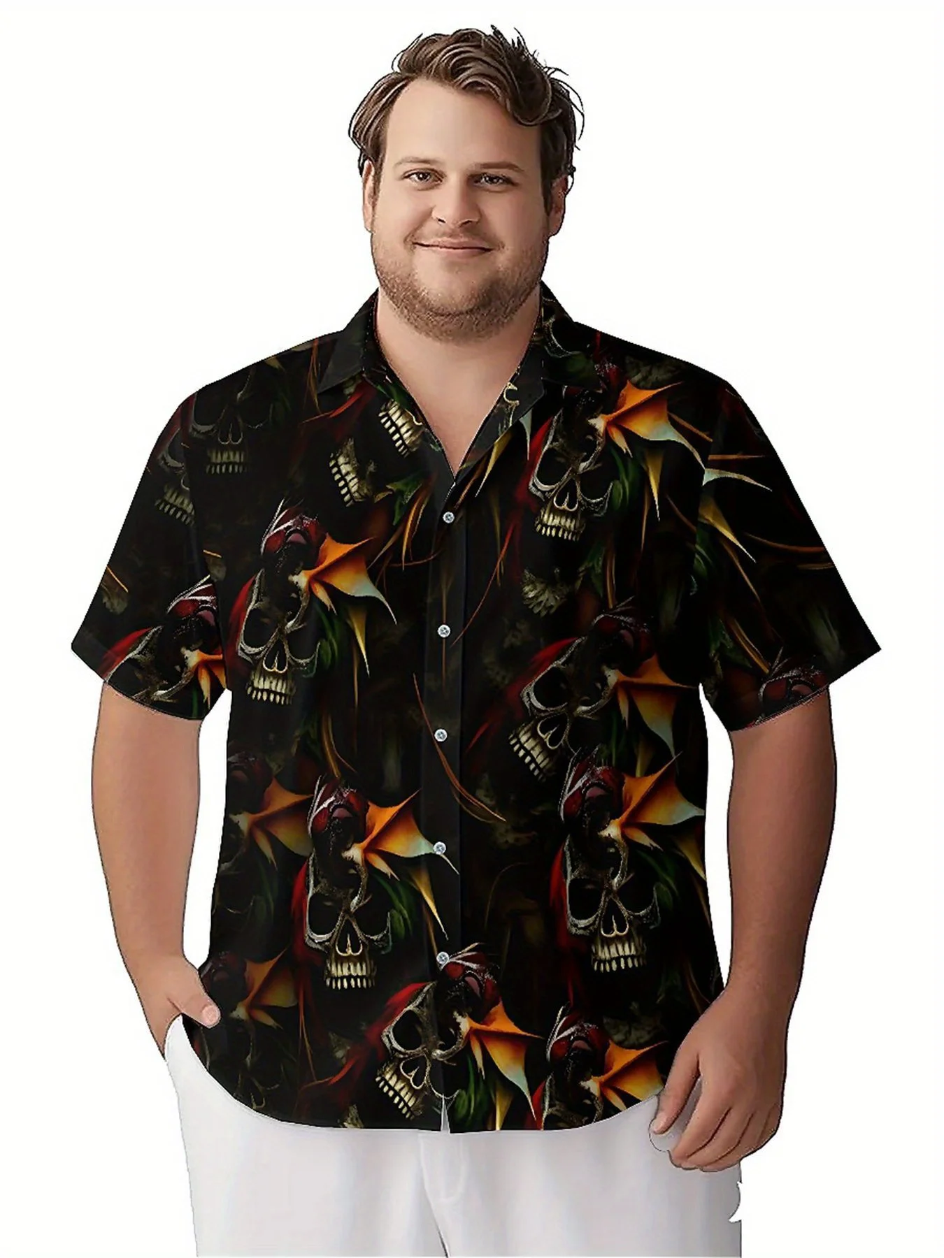 Мужские гавайские рубашки больших размеров с темным рисунком черепа - Фотография_4