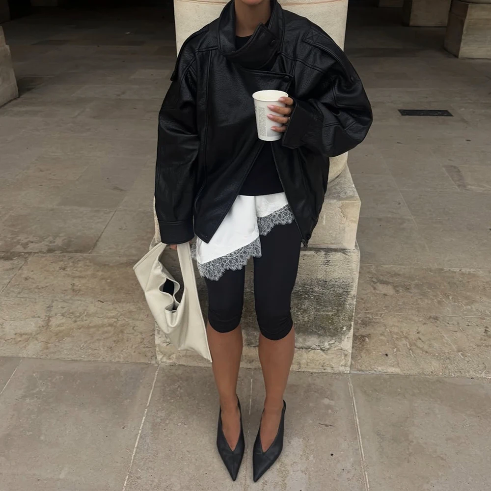 Женская кожаная куртка с длинным рукавом и воротником-стойкой - Фотография_5