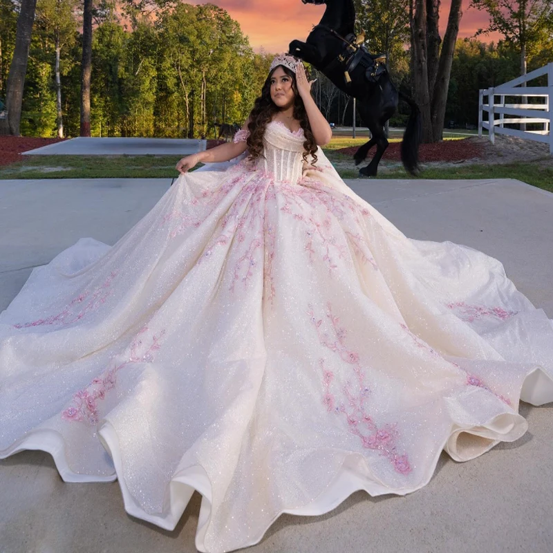 Glitter beige ball gown quinceanera