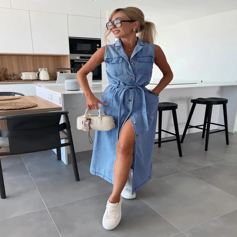 Длинное платье, женские джинсовые платья с высокой талией - Фотография_5