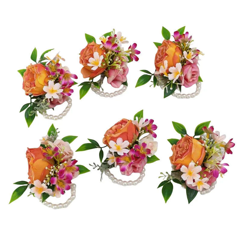 Корсаж на запястье с оранжевой розой и бутоньерка для невесты - Фотография_5