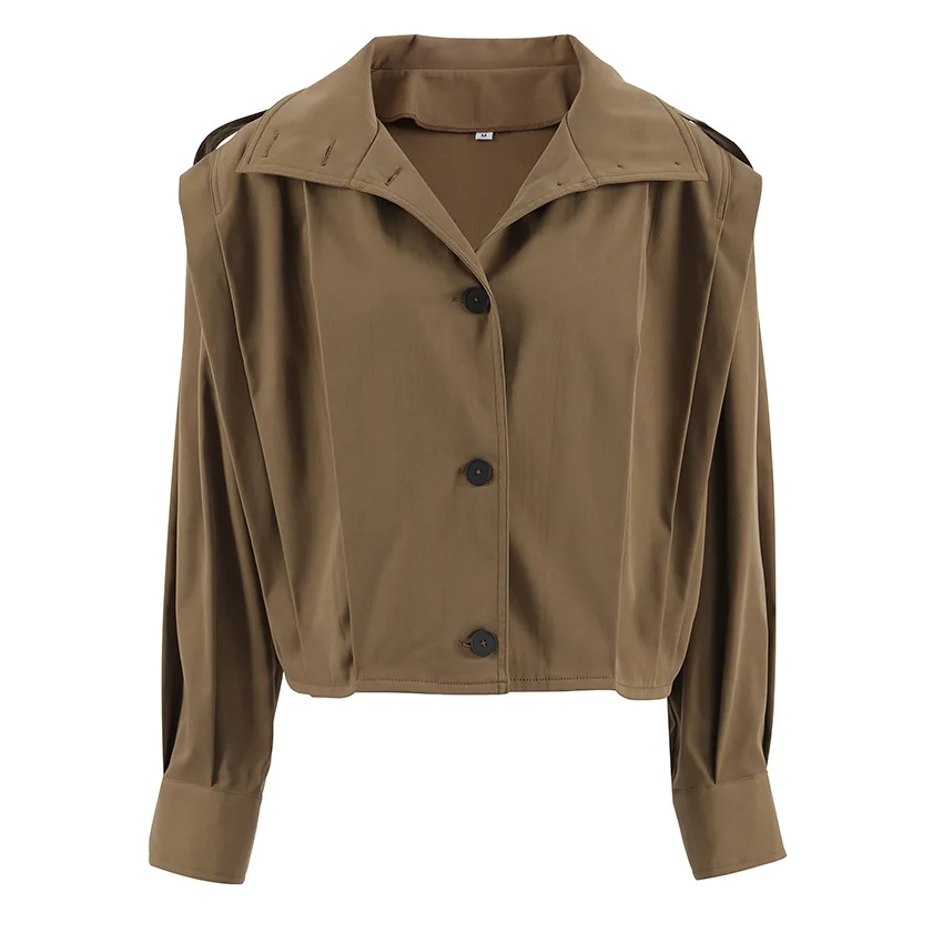 Куртка цвета хаки с воротником простого и элегантного однобортного дизайна - Фотография_5