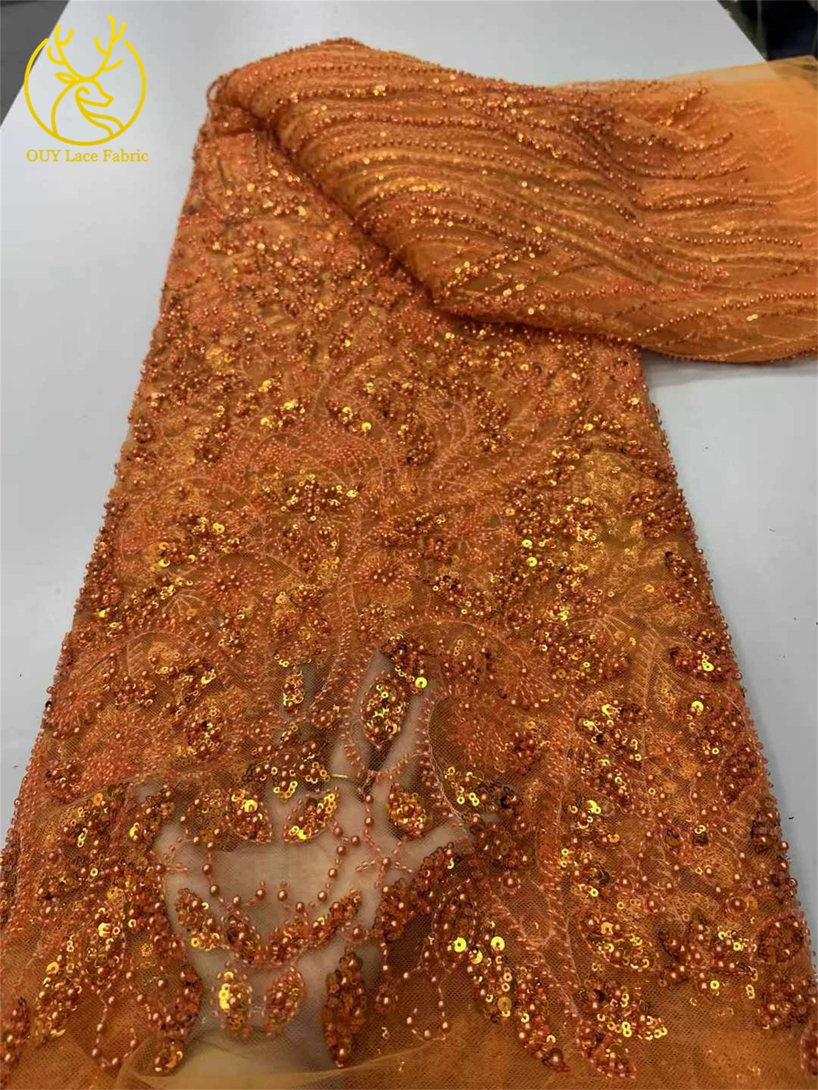 Зеленая африканская тюлевая кружевная ткань с бисером - Фотография_5