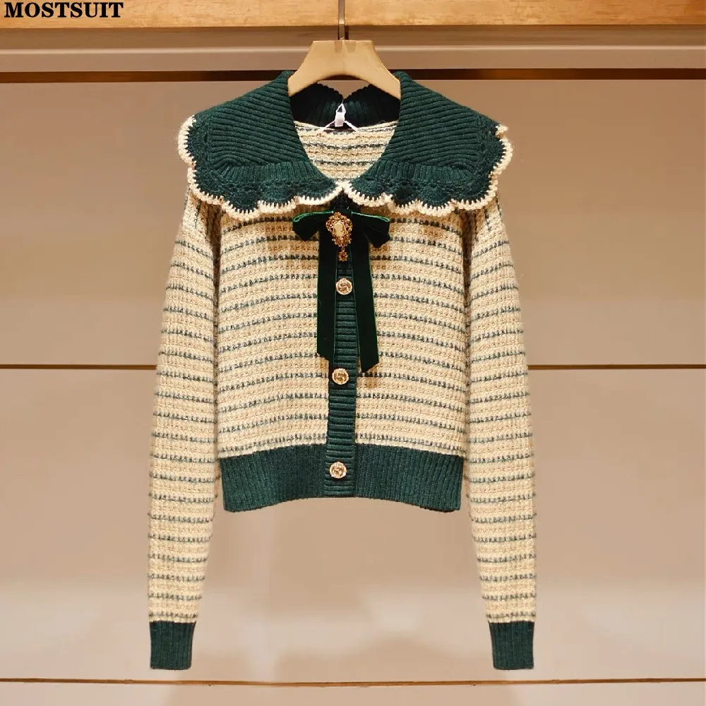 Винтажный элегантный полосатый свитер с галстуком-бабочкой