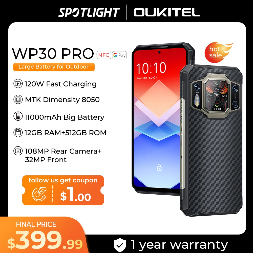 Смартфоны oukitel wp30 pro 120w 5g android 13 12gb + 512gb 11000 мач 6