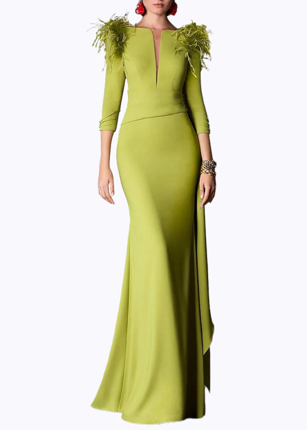 Женское классическое зеленое вечернее платье с v-образным вырезом - Фотография_5