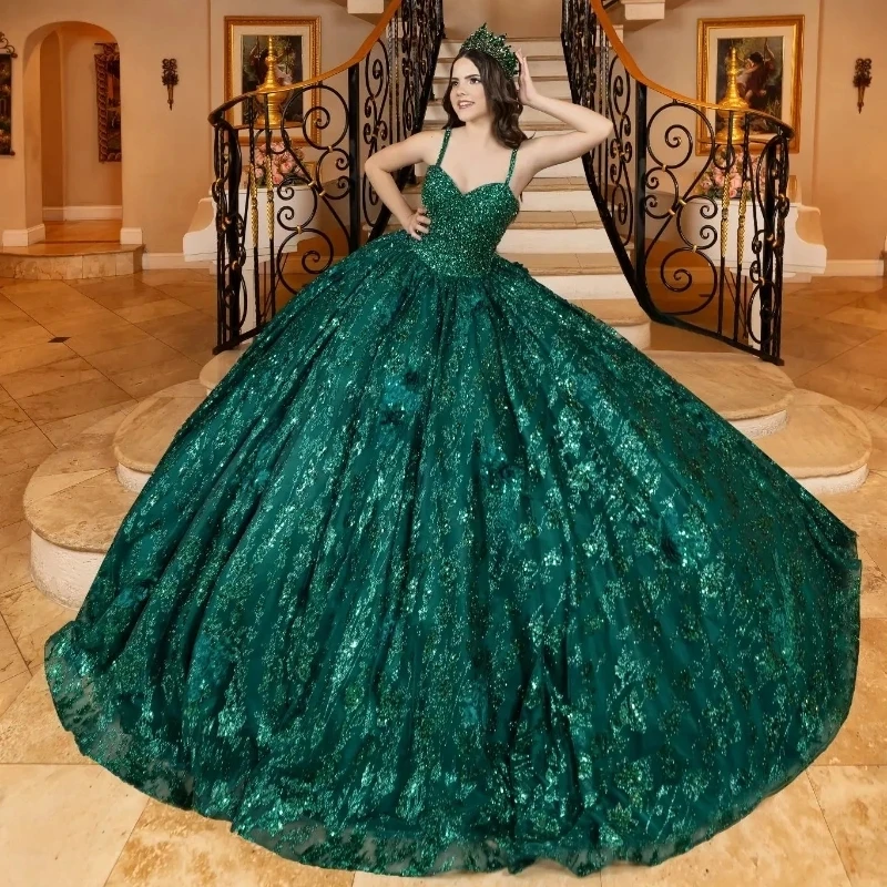Черновато-зеленое блестящее платье quinceanera