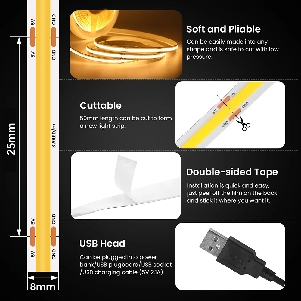 Новая 5 в usb cob strip light 320 - Фотография_4