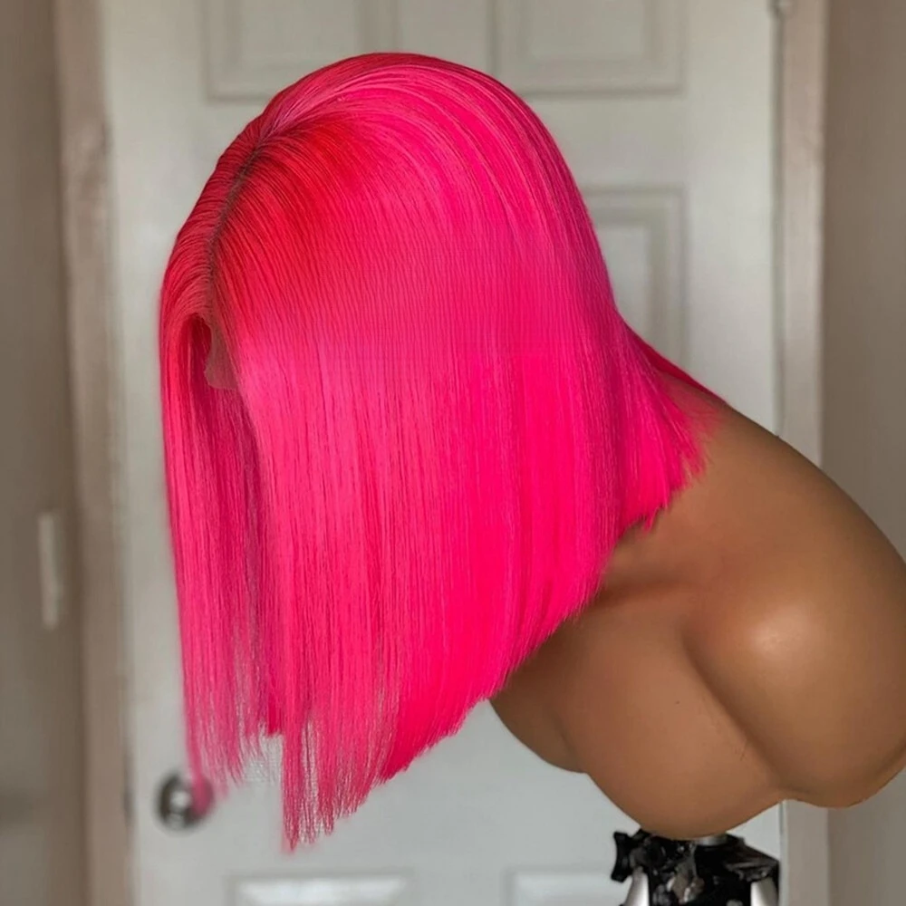 Ярко-розовые прямые парики с стрижкой боб - Фотография_3
