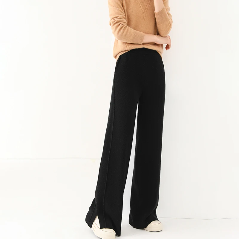 Women wool wide leg trousers elastic - Фотография_4