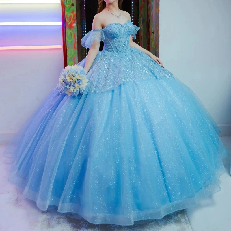 Небесно-голубое блестящее платье quinceanera