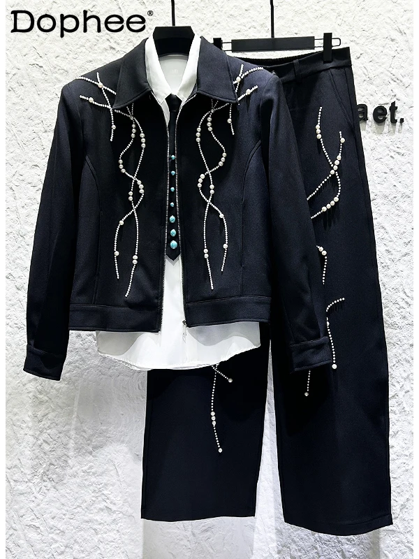 Года, комплект куртки с жемчужно-черными лацканами и тяжелой вышивкой