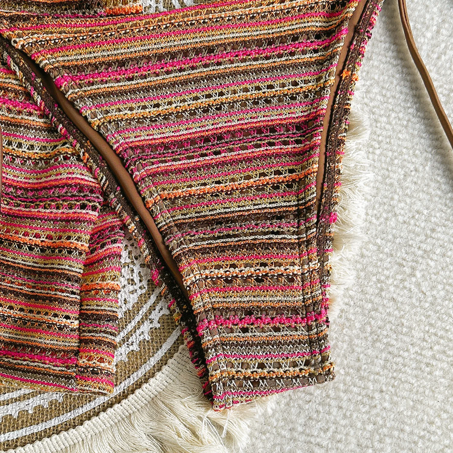 Сексуальные вязаные полосатые комплекты бикини с завязками на шее - Фотография_4