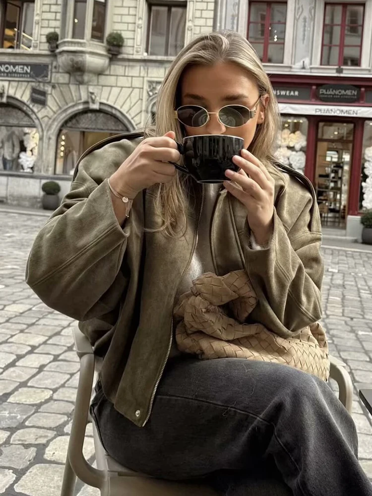 Винтажные женские зеленые куртки-бомберы больших размеров - Фотография_5