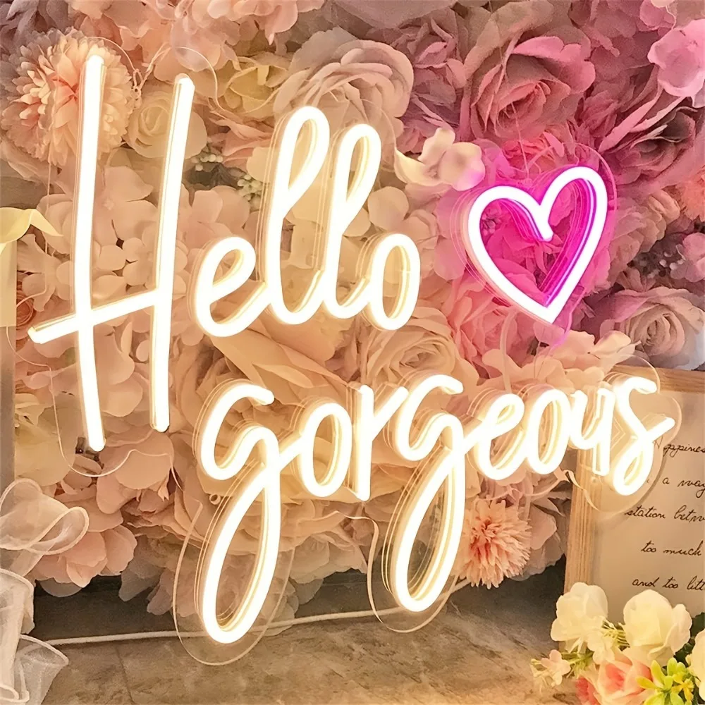 Светодиодная неоновая вывеска «hello gorgeous» с подарками в виде сердца