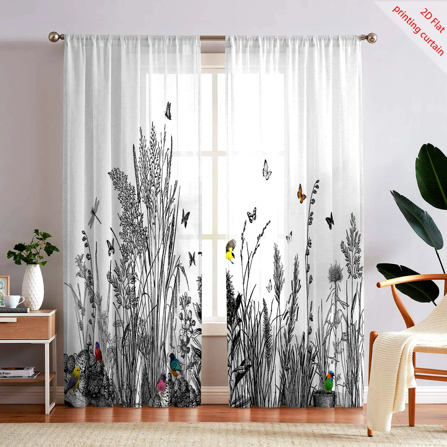 Прозрачная занавеска с растительным принтом