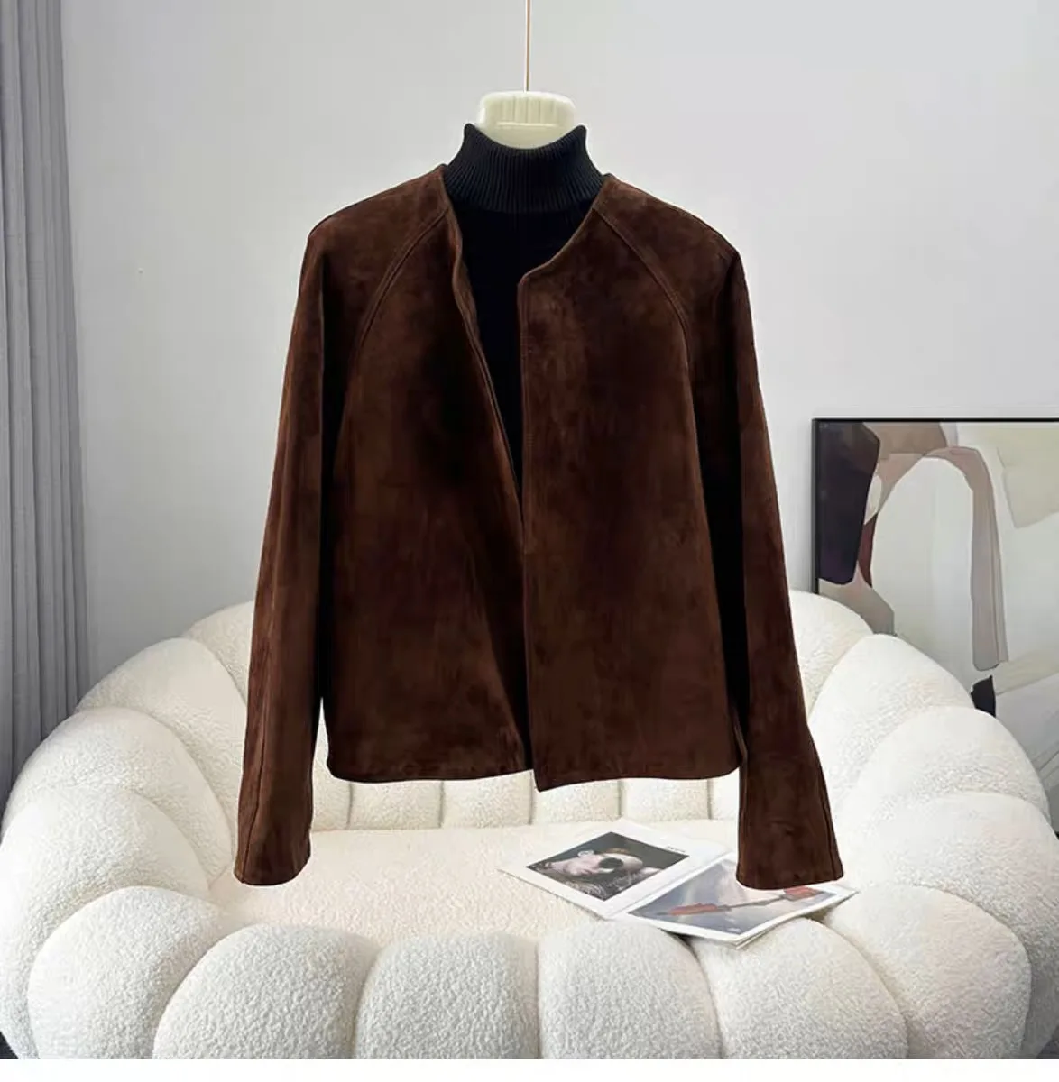 Детская замшевая кожаная куртка в стиле ретро для женщин - Фотография_5