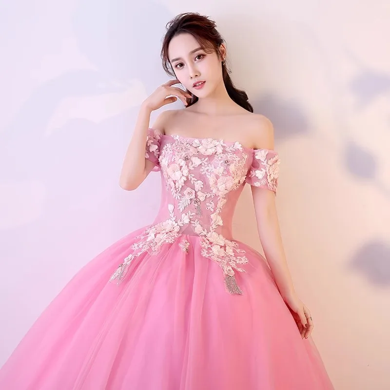 Розовое бальное платье 15-летние платья quinceanera с кружевным цветком - Фотография_5
