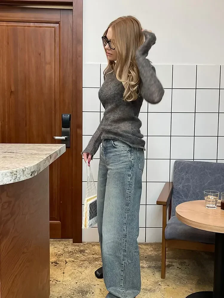 Модный однотонный тонкий вязаный свитер с круглым вырезом - Фотография_3