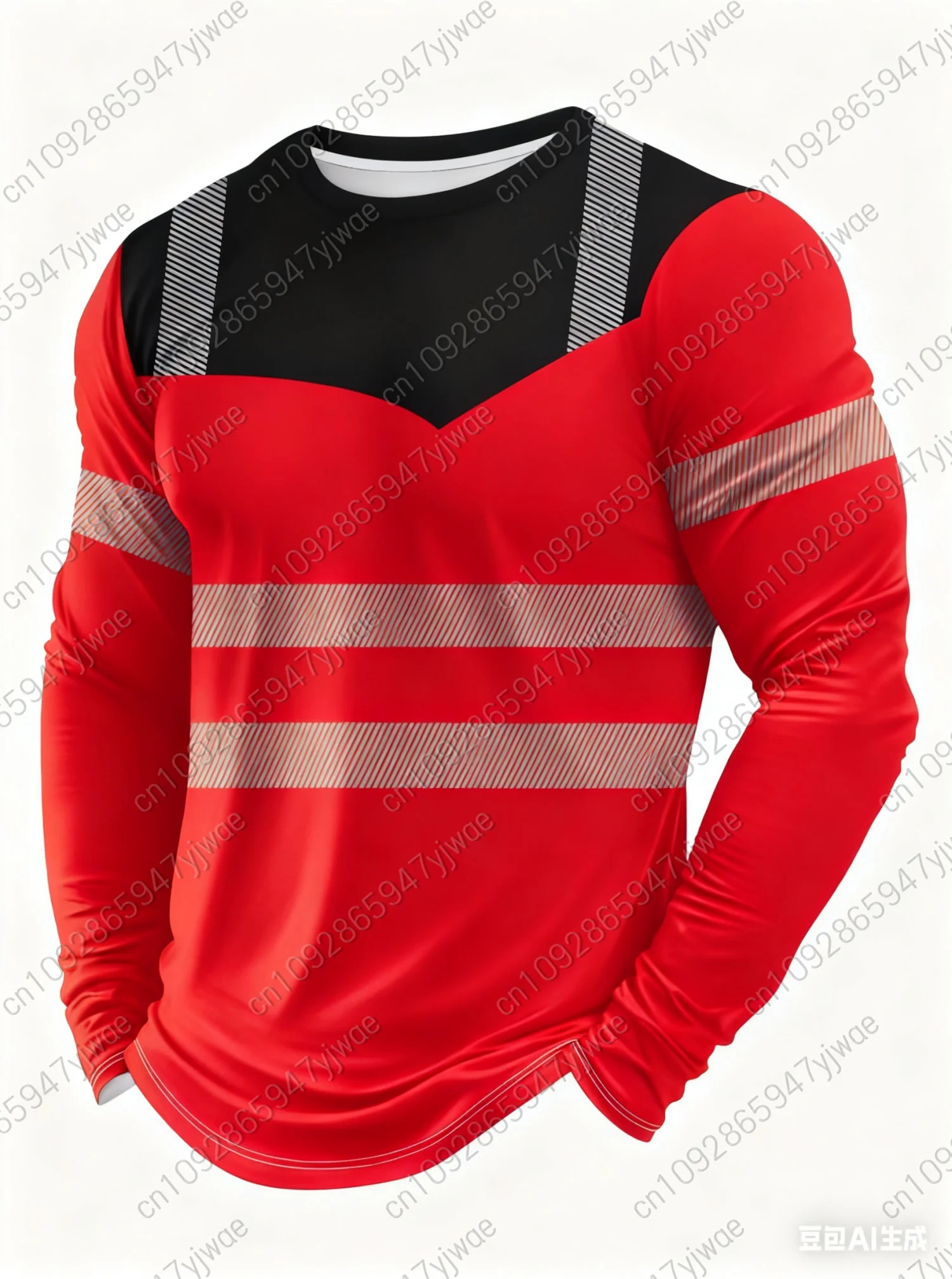 Осенняя мужская полосатая рабочая футболка с длинным рукавом 2024 - Фотография_3