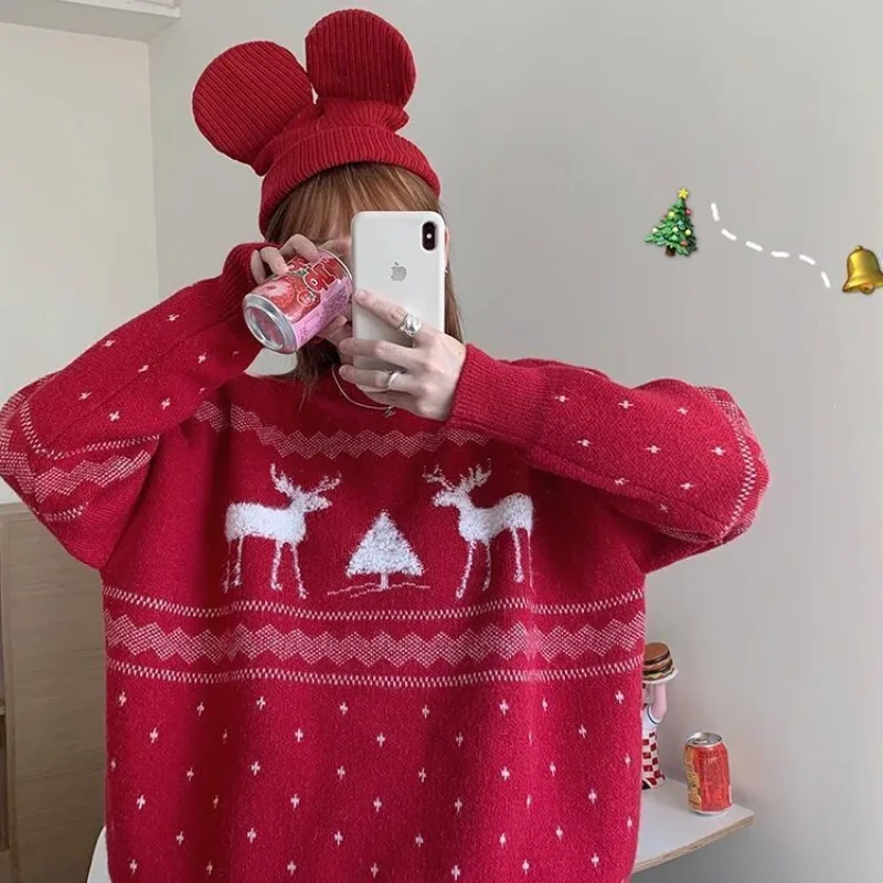 Рождественский красный милый свитер с принтом лося для женщин - Фотография_4