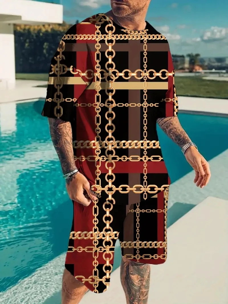 Новый мужской модный костюм из двух предметов в клетку с принтом - Фотография_3