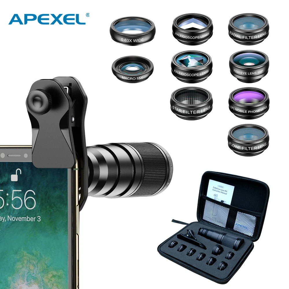 Комплект телеобъективов apexel 22x для iphone samsung 10 в 1