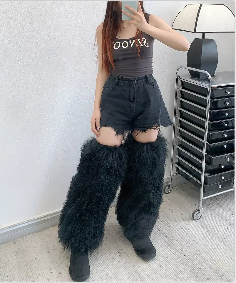 Женские популярные модные дизайнерские пушистые гетры из монгольского меха - Фотография_3