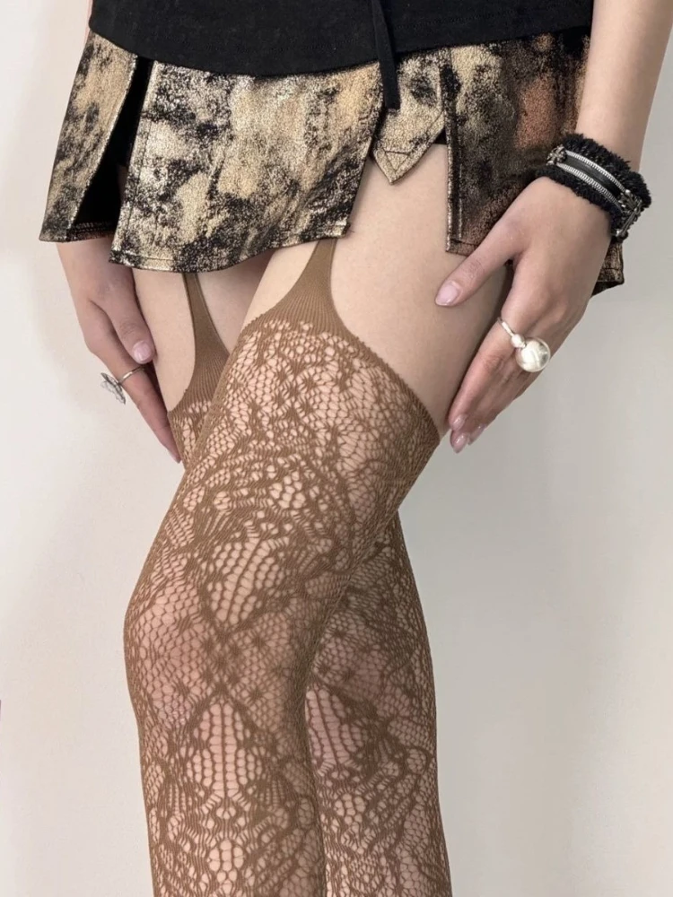 Новые коричневые ажурные чулки с принтом - Фотография_6
