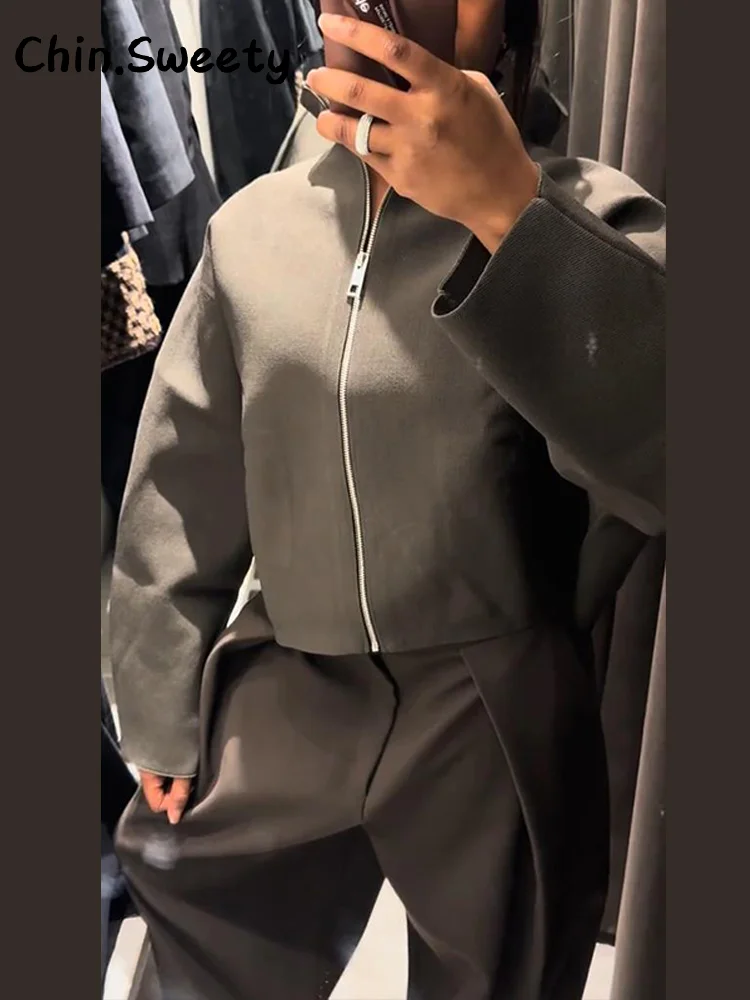 Повседневные женские вязаные укороченные куртки с воротником-стойкой - Фотография_6