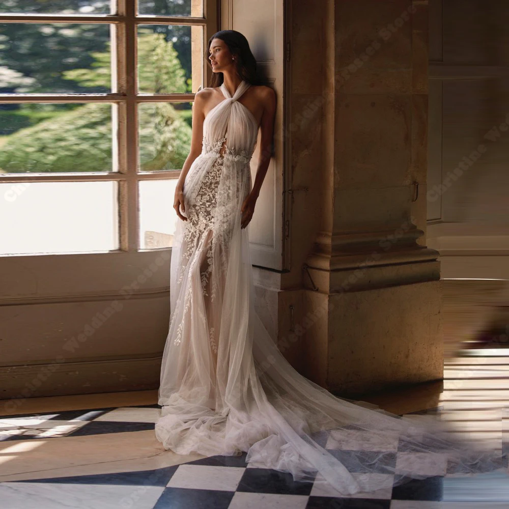 Тюлевые свадебные платья с воротником-бретелькой для женщин